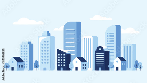 Modern blue city skyline illustration with urban skyscrapers, residential houses, trees and minimal flat design architecture background concept vector image