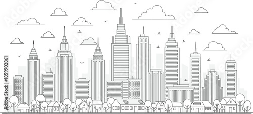 Modern city skyline line art illustration with skyscrapers, residential houses, trees, clouds and birds creating detailed urban cityscape background