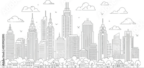 Modern city skyline line art illustration with tall skyscrapers, residential houses, trees, clouds and birds creating detailed urban landscape design