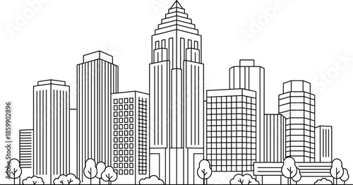 Modern city skyline line art illustration with tall skyscrapers, urban architecture buildings and downtown cityscape in black outline style