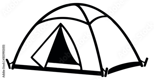 Hand drawn line art illustration of a camping tent depicting outdoor adventure for summer recreation
