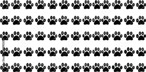 Pattern of black dog paw prints repeated in rows on white background, cute pet footprint texture for design and decoration
