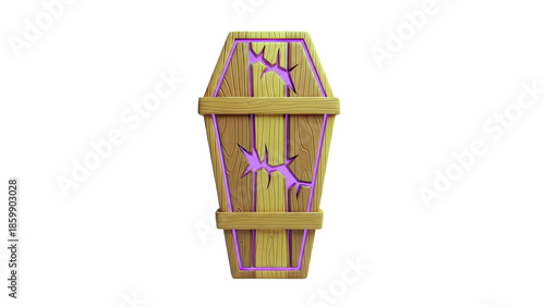 Wooden Coffin with Glowing Purple Accents and Cracked Design