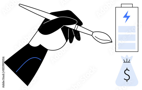 Hand holding a paintbrush with a battery icon and money bag symbol, symbolizing energy, creativity, and financial growth. Ideal for themes of innovation, art, business, productivity, renewable