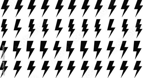 Seamless black lightning bolt pattern background with repeating thunder symbols, bold electric energy icon design, modern powerful graphic wallpaper