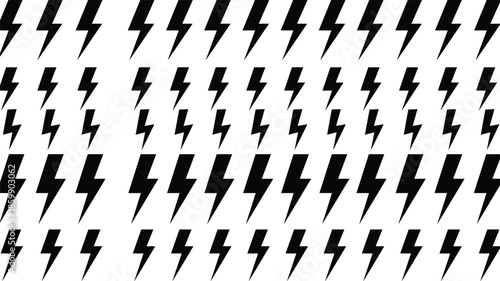 Seamless black lightning bolt pattern background with repeating thunder icons, bold energetic electric power symbol design for modern projects