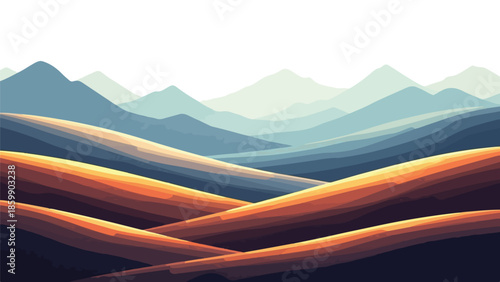 Illustration of rolling hills and distant mountains in warm orange, blue, and green hues against a white background.