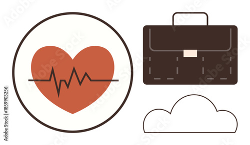 Heart with ECG wave nestled in a circle, briefcase icon, and cloud outline. Ideal for health monitoring, remote work, cloud computing, productivity, wellness, technology simple flat metaphor