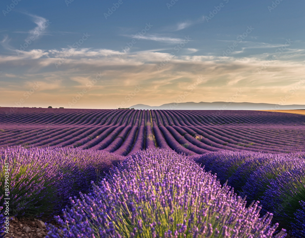 Obraz premium A stunning view of vibrant purple lavender fields stretching towards the horizon under a bright blue sky, evoking a sense of peace and natural beauty
