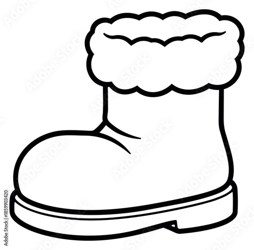 Line art illustration of a santa boot depicting a fluffy cuff for Christmas design
