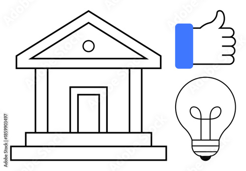Governance concept. Governance by a classical building, paired with innovation through a light bulb and approval via a thumbs-up. Governance, organization principles, business ideas. For education