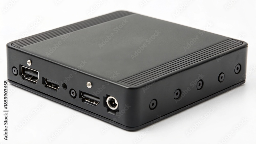 Obraz premium A compact black device featuring multiple ports, designed for connectivity and functionality in electronic setups.