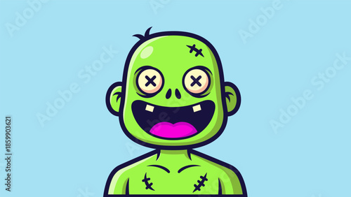 Cartoon Zombie Character with Green Skin and Stitched Scars.