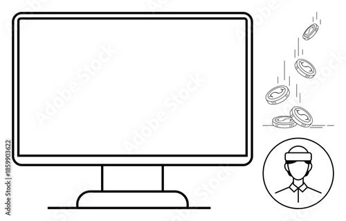 Cryptocurrency, fintech, digital payment, blockchain, virtual economy, online platforms. A monitor, virtual coins and a circular avatar. Cryptocurrency and digital payment theme ion
