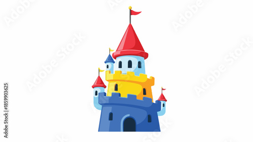 A colorful inflatable castle with red, yellow, and blue towers and a red flag on a white background.