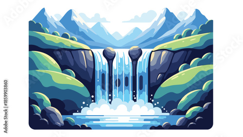 Illustration of a serene waterfall cascading into a tranquil pool surrounded by lush greenery and majestic mountains in the background with a vibrant and natural color palette.
