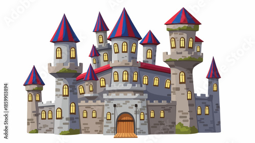 Illustration of a medieval castle with towers and a large wooden door set against a plain white background.