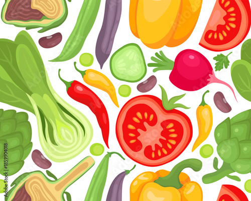 Seamless pattern, different vegetables on a white background. Tomato, sweet peppers, radish, beans, bok choy cabbage, chili, artichoke.
