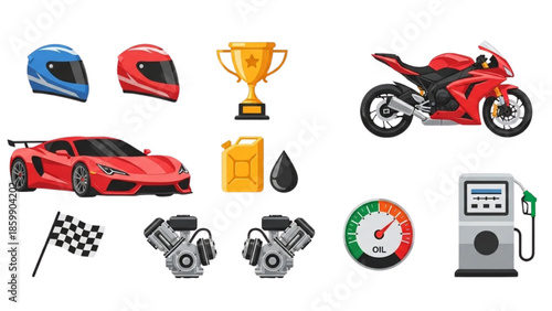 Modern Racing Icons Set with Sports Car, Motorcycle, Helmets, Trophy and Speedometer Flat Design