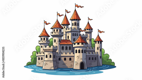 A cartoon castle with multiple towers and orange roofs situated on an island in blue water against a white background.