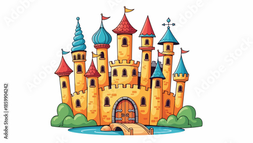 Illustration of a vibrant cartoon castle with multiple towers and colorful roofs on a white background.