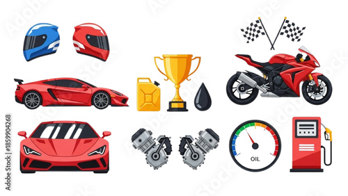 Modern Racing Icons Set with Sports Car, Motorcycle, Helmets, Trophy and Speedometer Flat Design