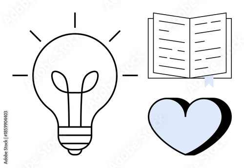 Creativity, knowledge sharing, emotional connection, education tools, idea generation, passion for learning. are a lightbulb, an open book and a heart. Creativity and knowledge sharing concept