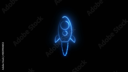 A glowing blue neon rocket ship blasts off into the darkness of space with a vibrant and dramatic trail of light