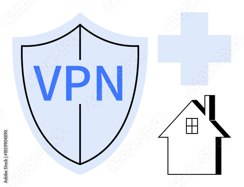 Online privacy, remote protection, cybersecurity, secure connection, digital safety, home network security. Shield with VPN text, house icon and health plus symbol. Online privacy and remote