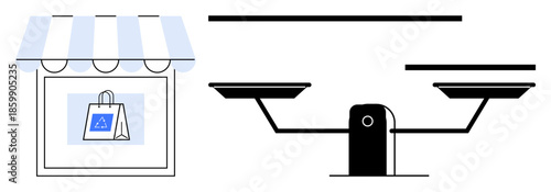 E-commerce, fair trade, product quality, ethical business, consumer rights, balance in trade. Storefront with a shopping bag, scale fairness. E-commerce and fair trade concepts