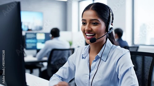 A friendly and professional Indian woman wearing a headset with a microphone smiles while providing excellent customer service and support in a modern call center office environment, actively engagin.