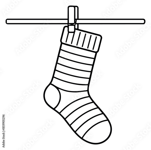 Hand drawn line art illustration of a striped sock depicting it hanging on a clothesline for laundry concepts