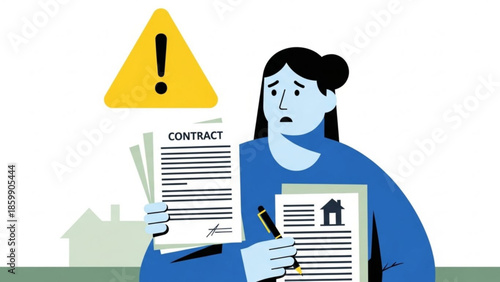 Woman holding contract and documents with worried expression and warning sign above her head