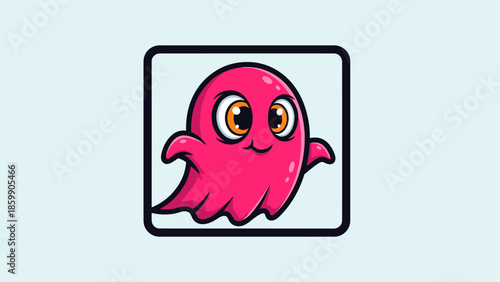 Cute Pink Ghost Cartoon Character with Big Eyes in Square Frame.