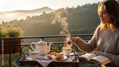 Woman enjoying a peaceful morning tea and reading on a balcony with a scenic mountain view.