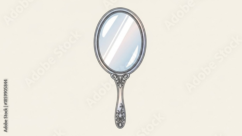 Ornate vintage hand held mirror with decorative handle and reflective glass surface