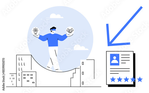 Professional balancing decisions and innovative ideas above buildings with a profile document and rating symbol. Ideal for identity management, business growth, decision-making, feedback, teamwork