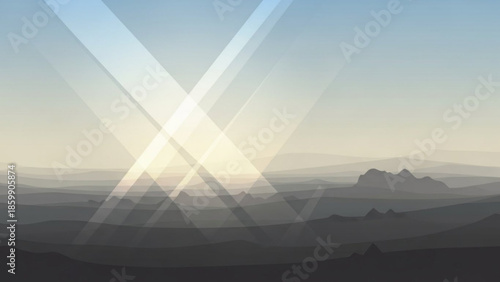 Sunrise over mountain range with lens flares, serene landscape with rolling hills and clear blue sky