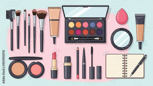 Makeup products and cosmetics arranged on pastel pink background with makeup brushes, eyeshadow palette