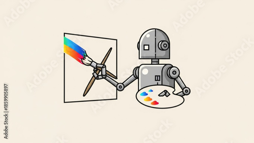 Robot artist creating colorful digital painting with paintbrush and palette on white background
