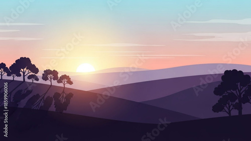Serene landscape with rolling hills and trees at sunrise or sunset, vector illustration