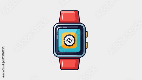 Illustration of a red smartwatch with a unique icon on the screen.