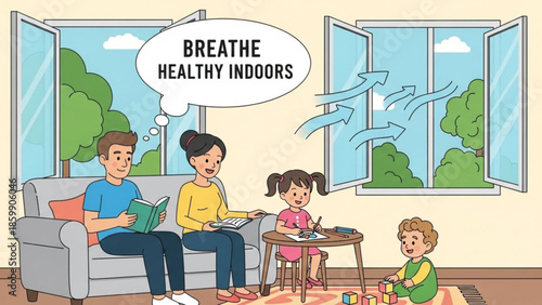 Family in living room with open windows for healthy indoor air, people relaxing together at home, fresh