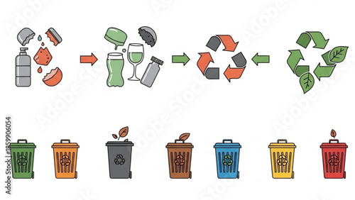 Colorful recycling bins and waste management process illustration with eco friendly symbols