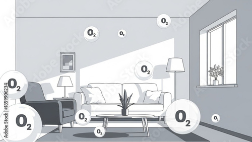 Oxygen bubbles floating in a modern living room with sofa and plants