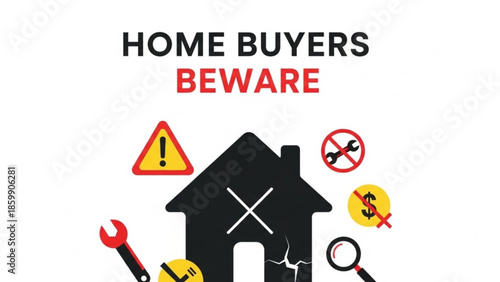 Damaged house with warning signs and tools, home buying risks and challenges, real estate problems concept
