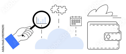 Data analysis, cloud computing, financial management, problem-solving, project planning, future technology. Graph and cloud icons, magnifying glass wallet. Data analysis and cloud computing concept