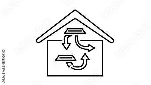 Simple line art illustration of house ventilation system with airflow arrows