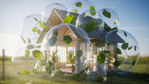 Eco friendly house surrounded by transparent bubbles with green leaves in a serene natural landscape