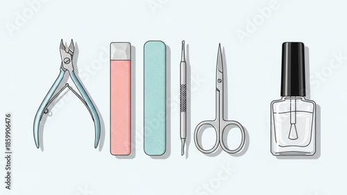 Nail care tools and nail polish bottle with various manicure instruments arranged neatly